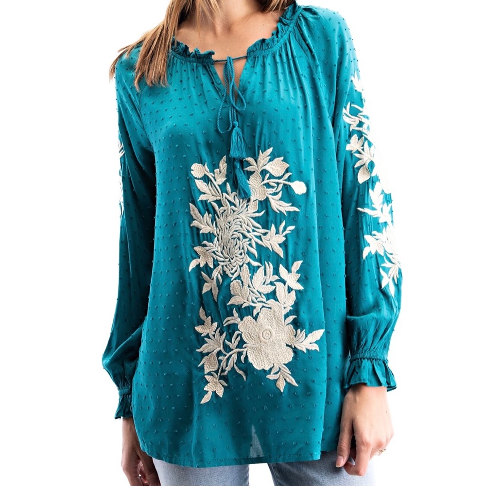 Solitaire Aquamarine Les Fleurs Blouse 100% Rayon